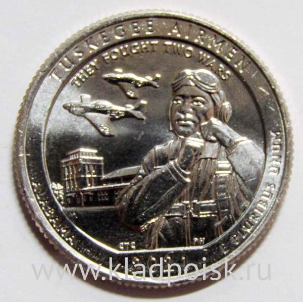 Монета 25 центов США Пилоты из Таскиги (2021), монетный двор D Монета 25 центов США Пилоты из Таскиги (2021), монетный двор D