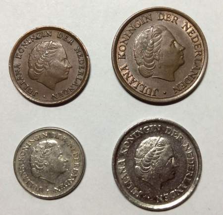 Набор монет Нидерланды Королева Юлиана 1950-1980, 4 монеты