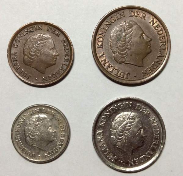 Набор монет Нидерланды Королева Юлиана 1950-1980, 4 монеты