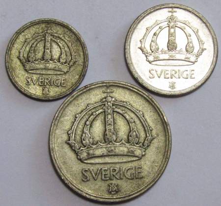 Набор монет Швеции 1942-1950 гг., 3 монеты, Густав V