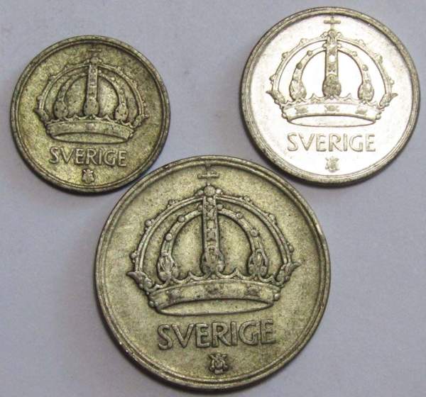 Набор монет Швеции 1942-1950 гг., 3 монеты, Густав V