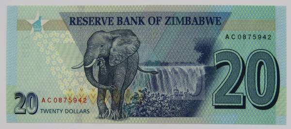 Банкнота Зимбабве 20 долларов 2020 года, арт 2