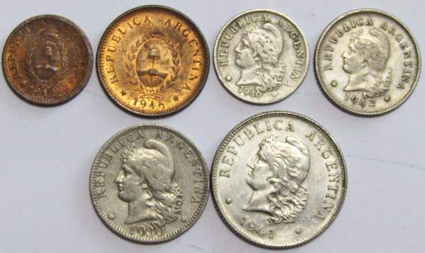 Набор монет Аргентина 1925-1947 гг, 6 монет