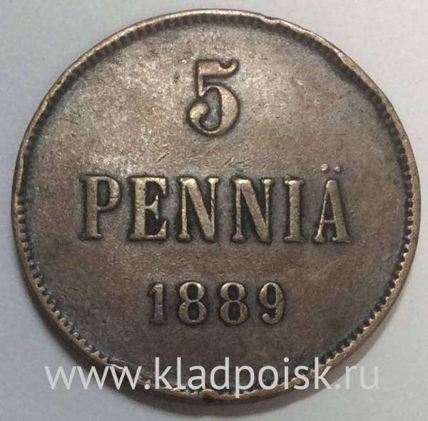 Монета 5 пенни 1889 г. для Финляндии (Александр III)