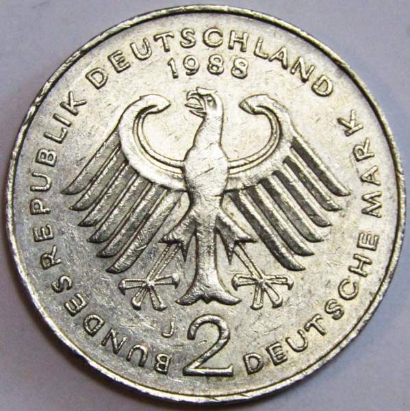 Монета 2 марки 1988 года, Людвиг Эрхард, 40 лет Федеративной Республике (1948-1988)