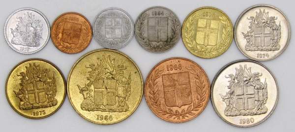 Набор монет Исландия 1958-1980, 10 монет