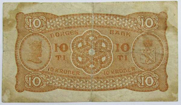 Банкнота 10 крон 1942 года Норвегия