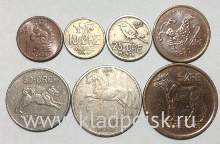Набор регулярных монет Норвегии 1958-1973 гг., 7 монет