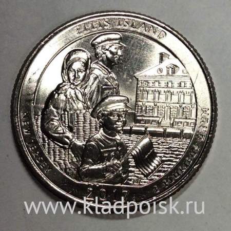 Монета 25 центов США Национальный монумент острова Эллис в Нью-Джерси (2017), монетный двор S