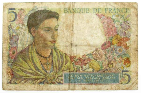 Банкнота 5 франков 1943 года Франция Банкнота 5 франков 1943 года Франция