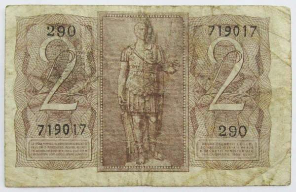 Банкнота 2 лиры 1939 года Италия Банкнота 2 лиры 1939 года Италия