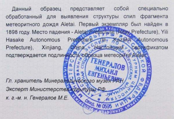 Спил метеорита Aletai, арт 2 Спил метеорита Aletai, арт 2