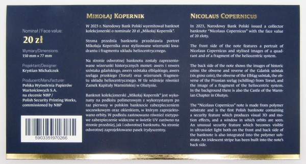 Памятная банкнота в оригинальном буклете 20 злотых 2022 года Польша, Николай Коперник 550 лет со дня рождения