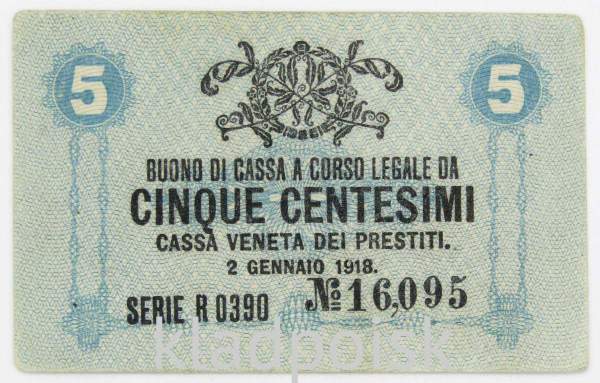 Банкнота 5 чентезимо 1918 года, Австро-Венгерская оккупация Венеции, Италия