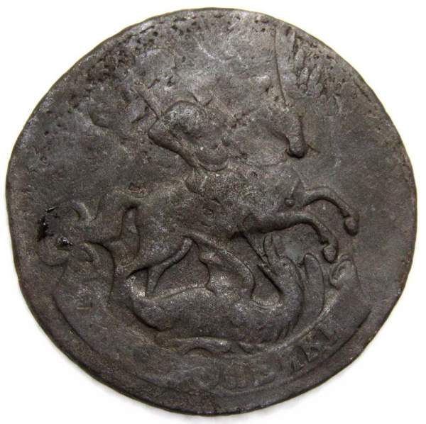 Монета 2 копейки 1758 года, Российская Империя, Елизавета I, перечекан Монета 2 копейки 1758 года, Российская Империя, Елизавета I, перечекан