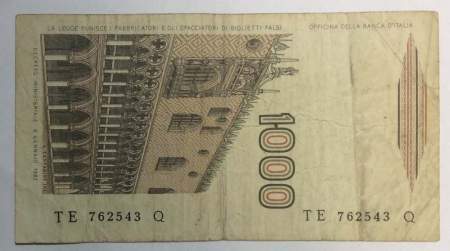 Банкнота 1000 лир 1982 года Италия, арт 2