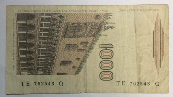 Банкнота 1000 лир 1982 года Италия, арт 2 Банкнота 1000 лир 1982 года Италия, арт 2