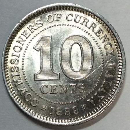 Монета 10 центов 1939 года Малайя Британская