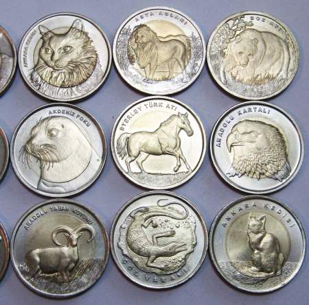 Набор монет 1 лира Турция – 18 монет серии «Животный мир» 2009-2015 гг.
