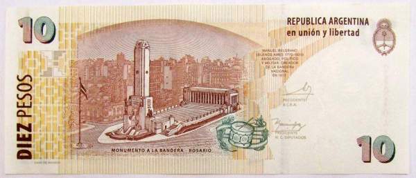 Банкнота Аргентина 10 песо 2014 года, арт 2