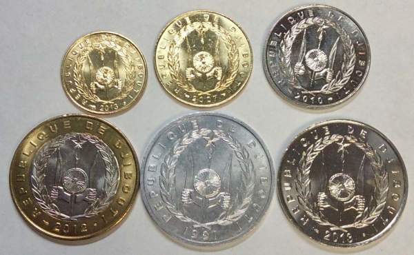 Набор регулярных монет Джибути 1991-2013 гг., 6 монет