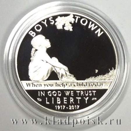 Монета 1 доллар США Приют «Город мальчиков» (Boys Town) 2017 с сертификатом, в бархатном футляре и картонной коробке, Proof