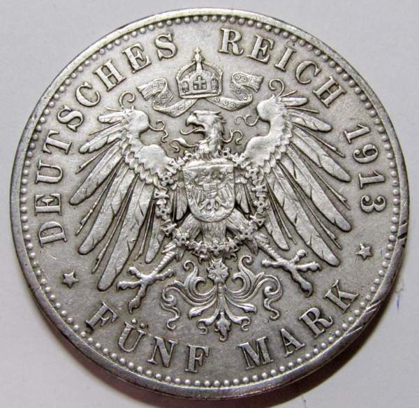 Монета 5 марок Германия 1913