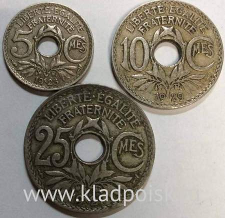 Набор из 3 регулярных монет Франции 1917-1938 года