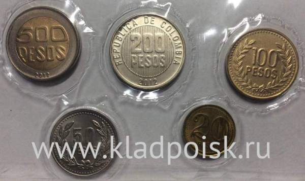 Набор регулярных монет Колумбии 2005-2012 гг., 5 монет