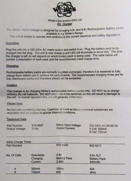 Зарядное устройство для металлоискателей Whites