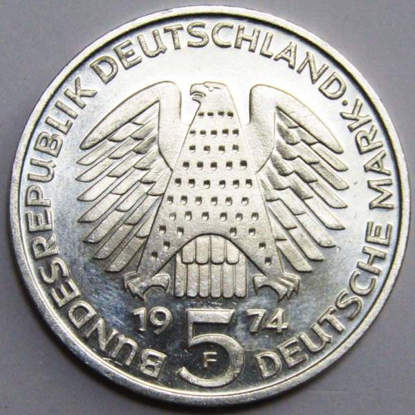 Монета 5 марок 1974 года 25 лет со дня принятия конституции ФРГ Монета 5 марок 1974 года 25 лет со дня принятия конституции ФРГ