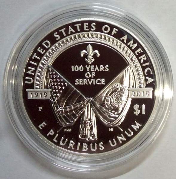 Монета 1 доллар США Американский легион. 100 лет со дня основания, 2019, с сертификатом, серебро 999, в футляре и картонной коробке, Proof