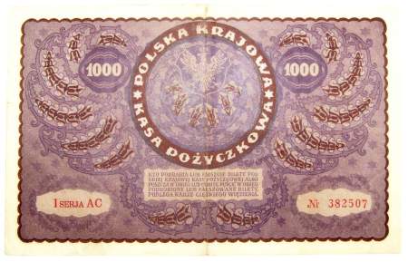 Банкнота 1000 марок польских 1919 года Польша