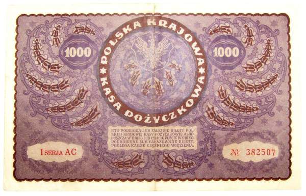 Банкнота 1000 марок польских 1919 года Польша