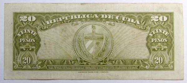 Банкнота 20 песо 1958 года Куба, арт 2