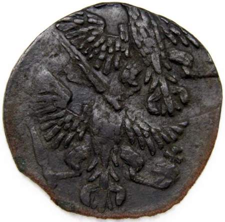 Монета 1 денга 1754 года, Российская Империя, Елизавета I, брак «Двойной удар»