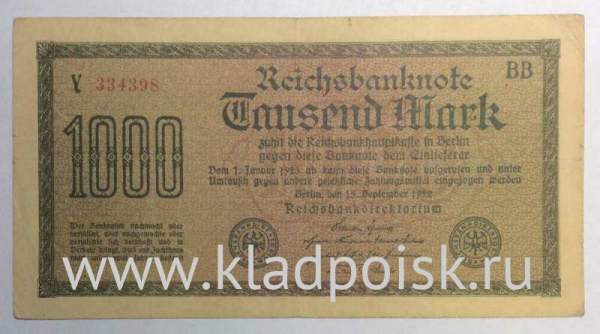 Банкнота 1000 марок 1922 года - Веймарская Республика, арт 4 Банкнота 1000 марок 1922 года - Веймарская Республика, арт 4