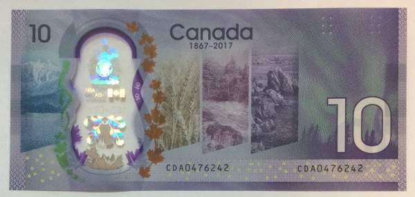 Полимерная банкнота 10 долларов 2017 Канада, 150 лет Конфедерации