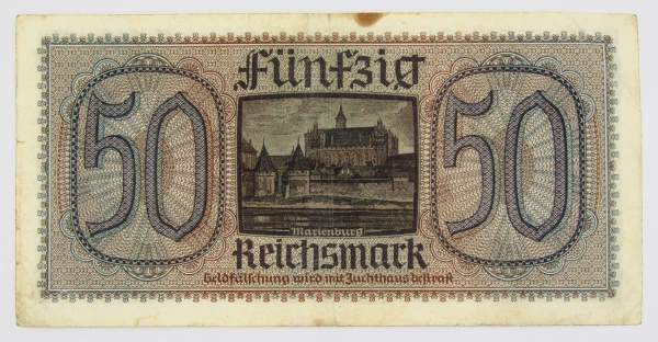 Банкнота 50 рейхсмарок Германия 1940-1945 гг. Немецкие оккупационные территории, арт 2