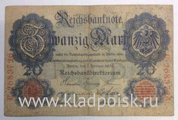 Банкнота 20 марок 1908 года Германия Банкнота 20 марок 1908 года Германия