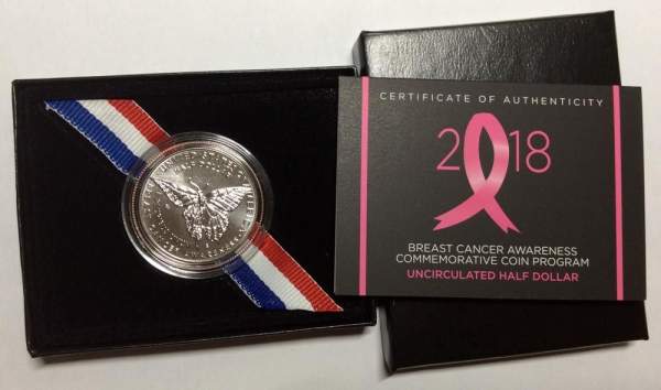 Монета 50 центов США Борьба с раком молочной железы 2018 в коробке с сертификатом, UNC