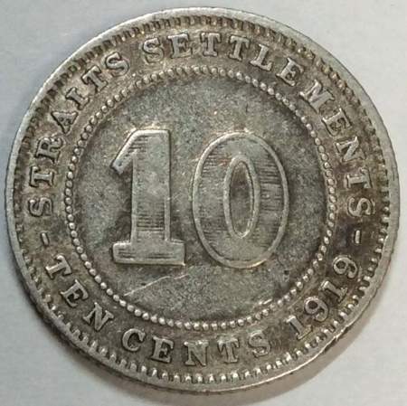 Монета 10 центов 1919 года Стрейтс Сетлментс, Британская колония