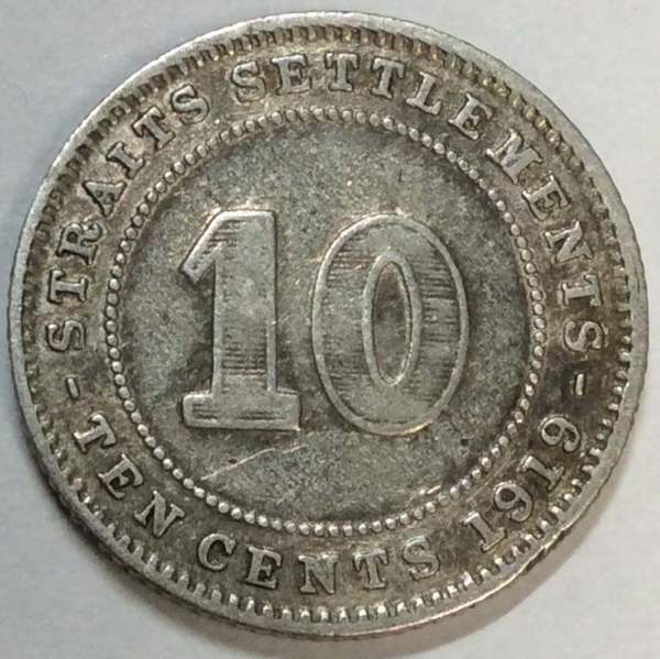 Монета 10 центов 1919 года Стрейтс Сетлментс, Британская колония Монета 10 центов 1919 года Стрейтс Сетлментс, Британская колония