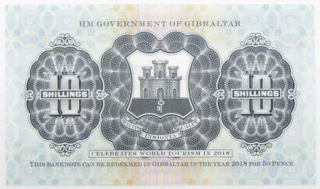 Банкнота 10 шиллингов 2018 года Гибралтар - Международный год туризма