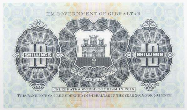 Банкнота 10 шиллингов 2018 года Гибралтар - Международный год туризма