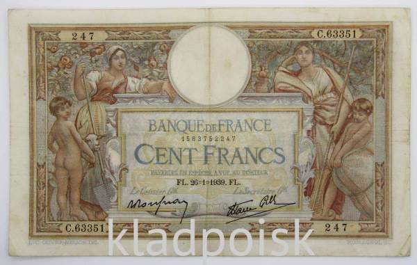Банкнота 100 франков 1939 года Франция