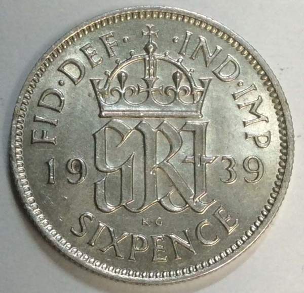 Монета 6 пенсов 1939 года Великобритания Монета 6 пенсов 1939 года Великобритания