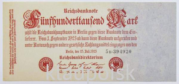 Банкнота 500 000 марок 1923 года - Веймарская Республика, арт 2 Банкнота 500 000 марок 1923 года - Веймарская Республика, арт 2