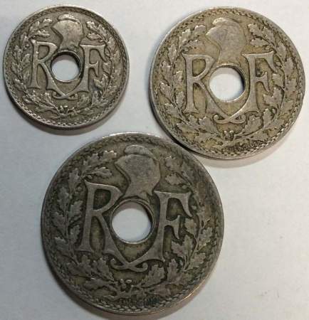 Набор из 3 регулярных монет Франции 1917-1938 года
