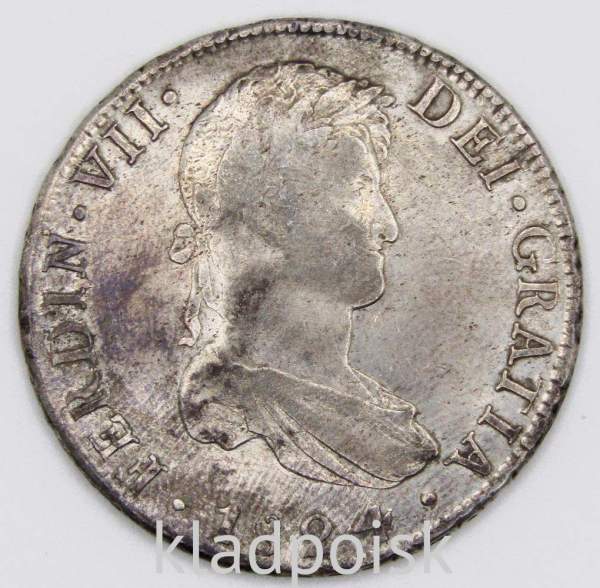 Монета 8 реалов 1824 года, Боливия (колония Испании) Король Фердинанд VII, монетный двор Потоси, арт 2